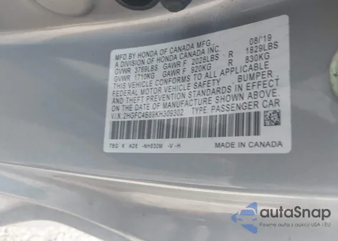 2019 Honda Civic Sport из США, поврежденный, VIN 2HGFC4B89KH309302